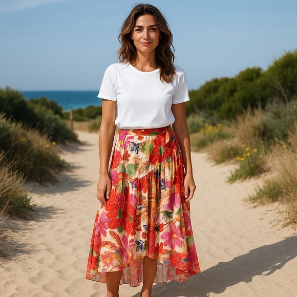 NWT Cynthia Rowley REVOLVE brand Bright Floral Wrap Hi Low Skirt‎ Tropical - Picture 1 of 9